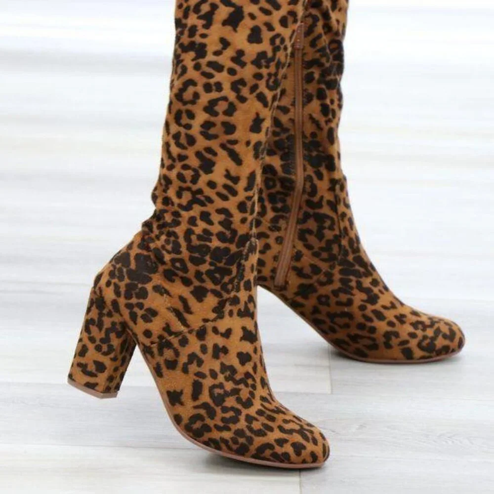 Suede Leopard Thigh High Heeled Boots